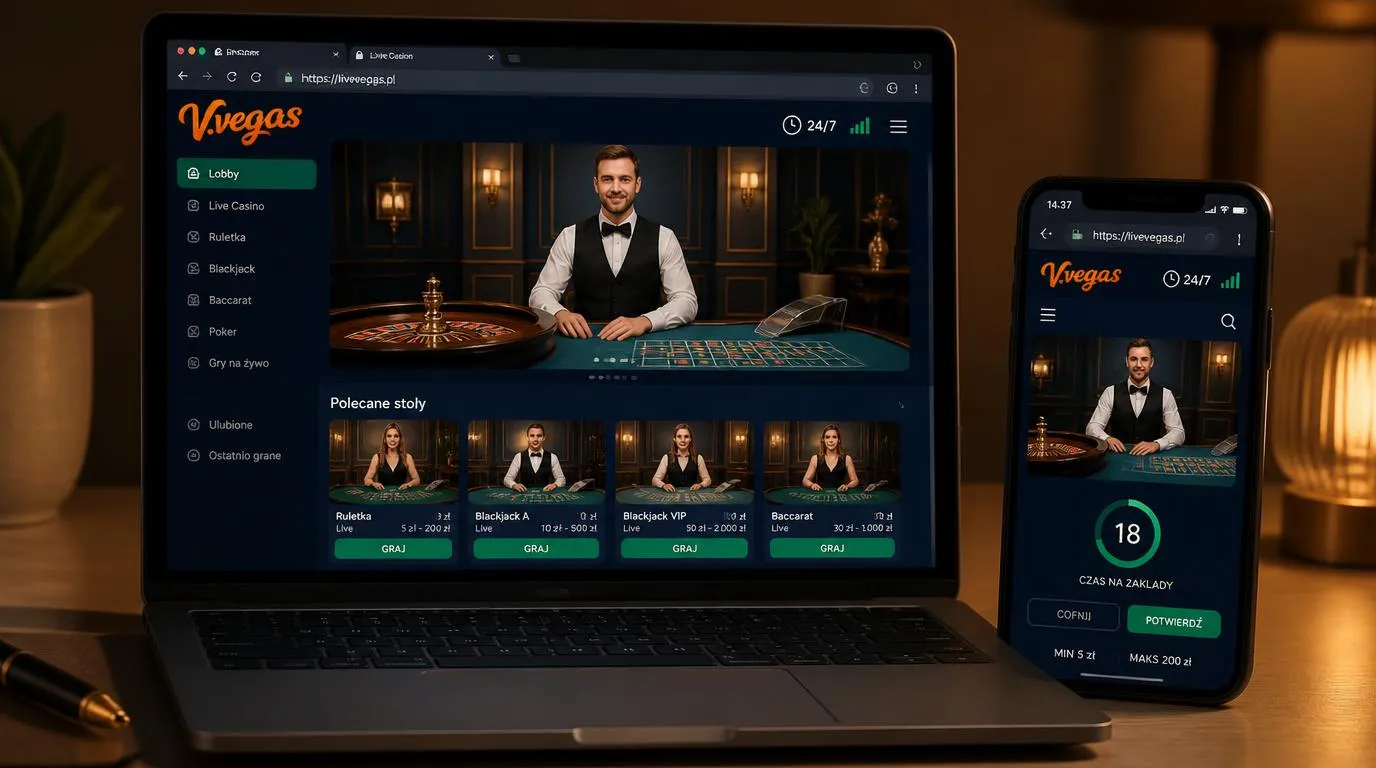 Lobby kasyna na żywo na laptopie i telefonie, z podglądem krupiera oraz limitami stawek przy stołach