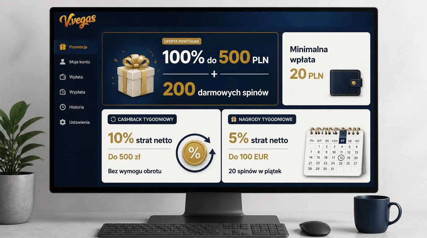 Panel promocji z bonusem 100% do 500 PLN, 200 darmowymi spinami i minimalną wpłatą 20 PLN