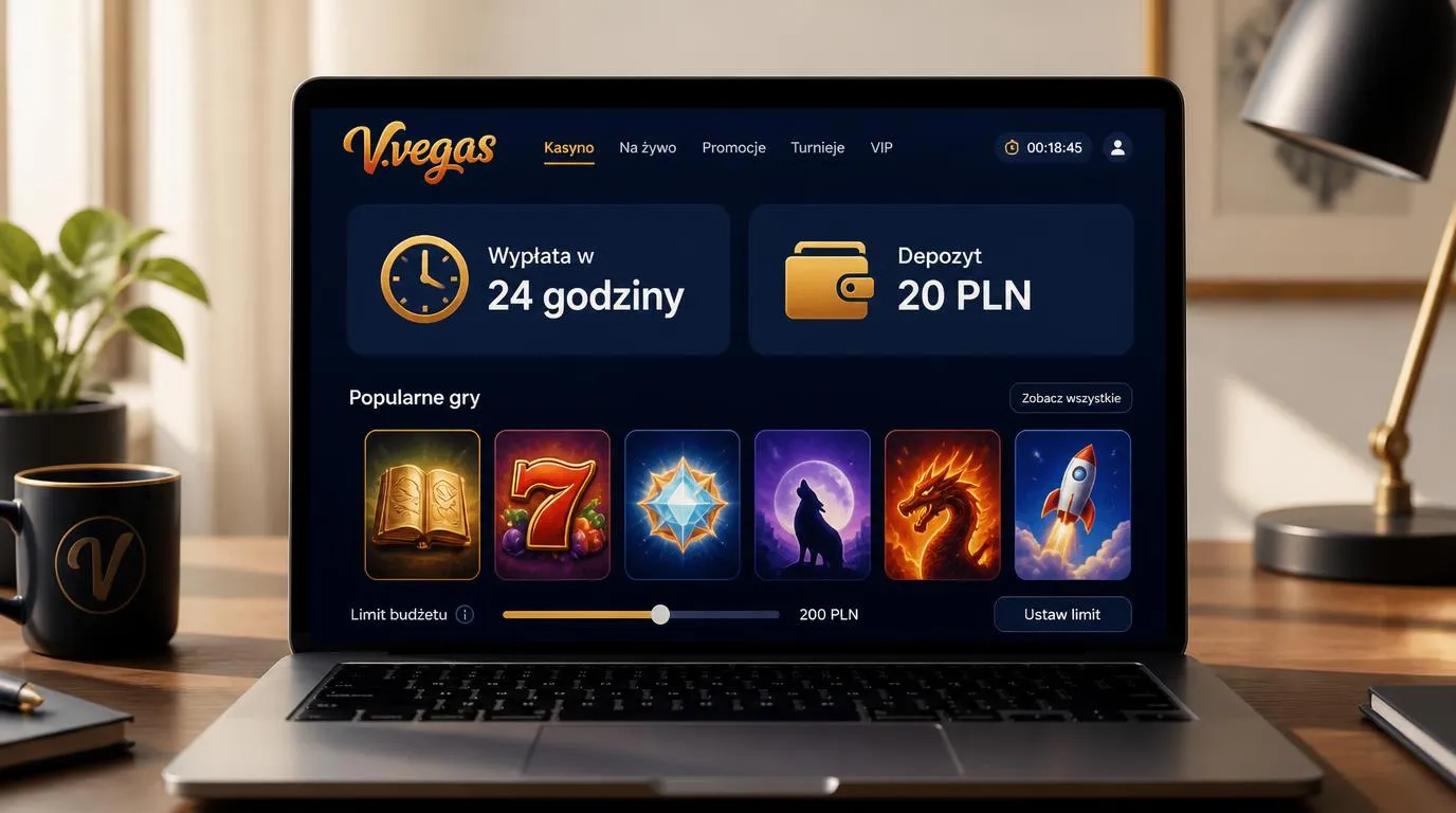 Panel kasyna z informacją o wypłacie w 24 godziny, depozycie 20 PLN i kafelkami gier