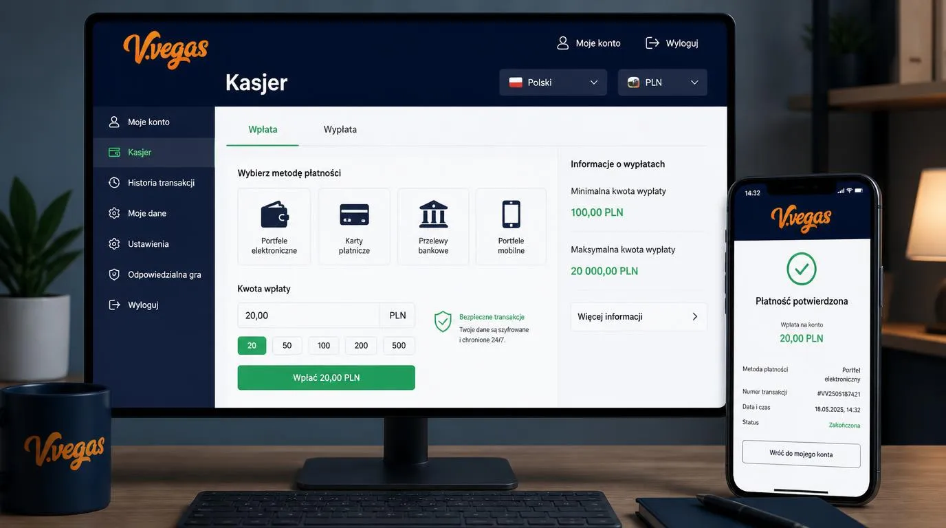 Panel kasy kasyna z depozytem 20 PLN, limitami wypłat i wyborem języka polskiego oraz waluty PLN