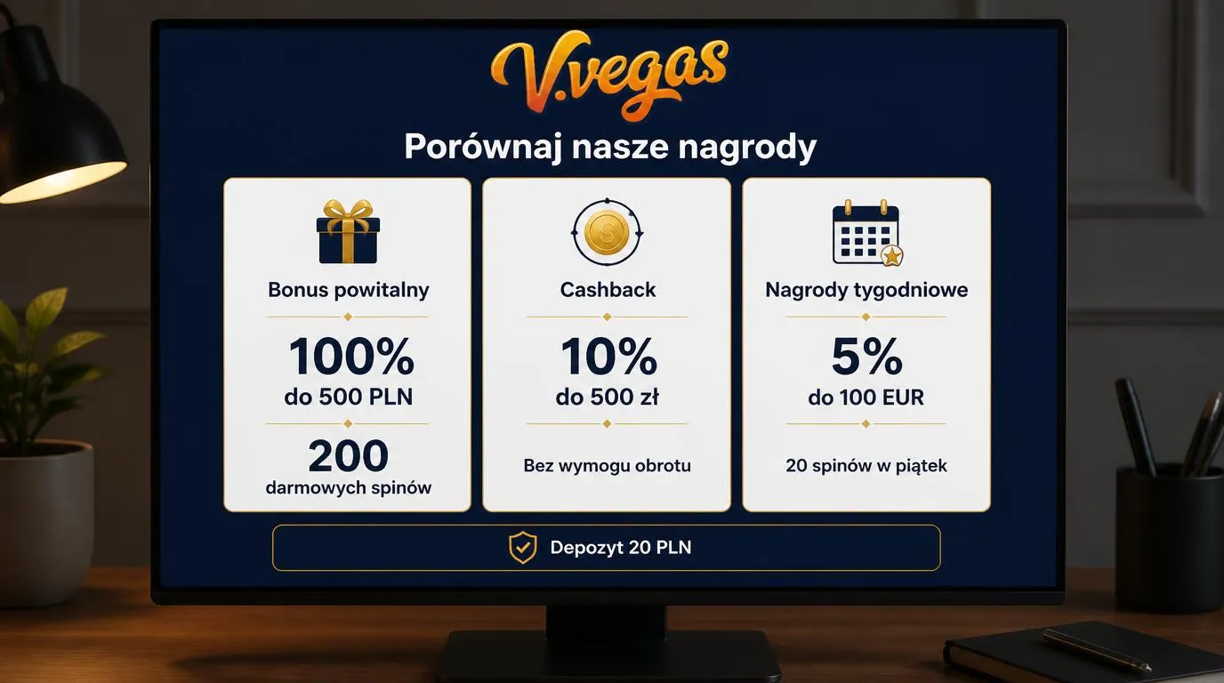 Panel z trzema kartami ofert kasynowych obejmującymi bonus powitalny, cashback i nagrody tygodniowe